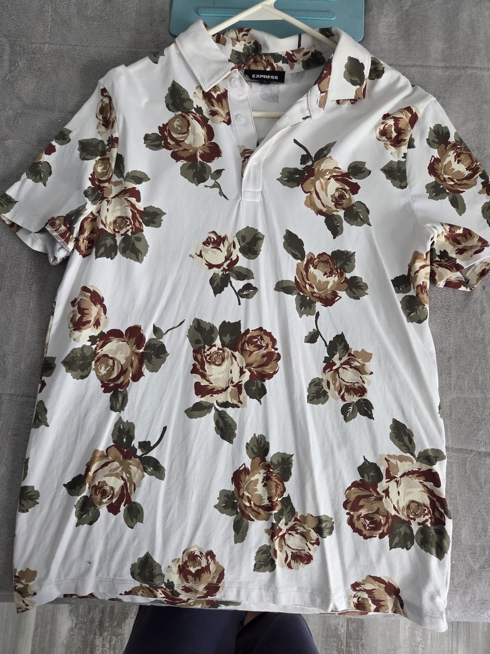 Express White Polo with Burgundy and Olive Floral Print